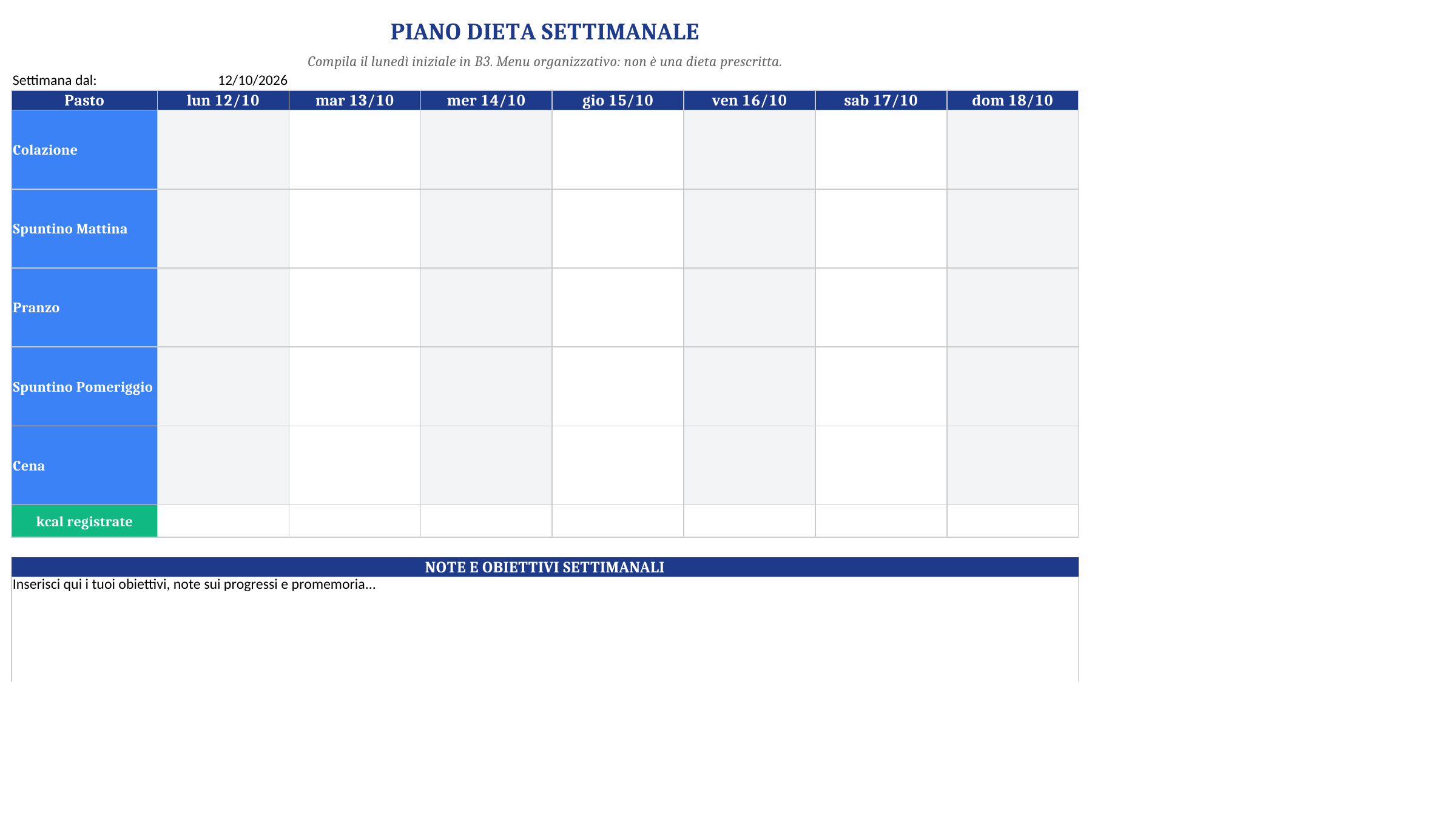 Piano Settimanale — anteprima del file scaricabile rivisto il 9 ottobre 2026. Apri per ingrandire.