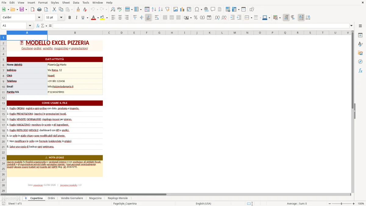 Modello Rid Gratis Pizzeria Excel - Modello Gratis (2026)